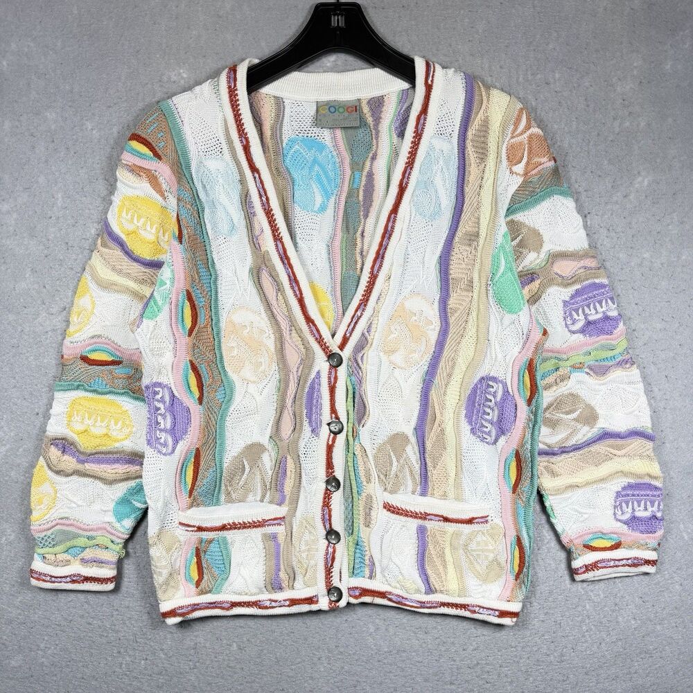 VTG 90s COOGI Australia 3D Knit Cardigan Sweater Multicolor Pastel Women’s Small